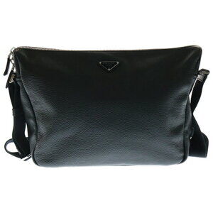 PRADA Vitello Dino Leather Shoulder Bag Crossbody Black Logo Triangle Plate